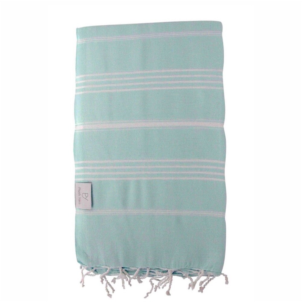 Turkish Peshtemal Beach Bath Towel Mint Green White Striped Fringe 39x59